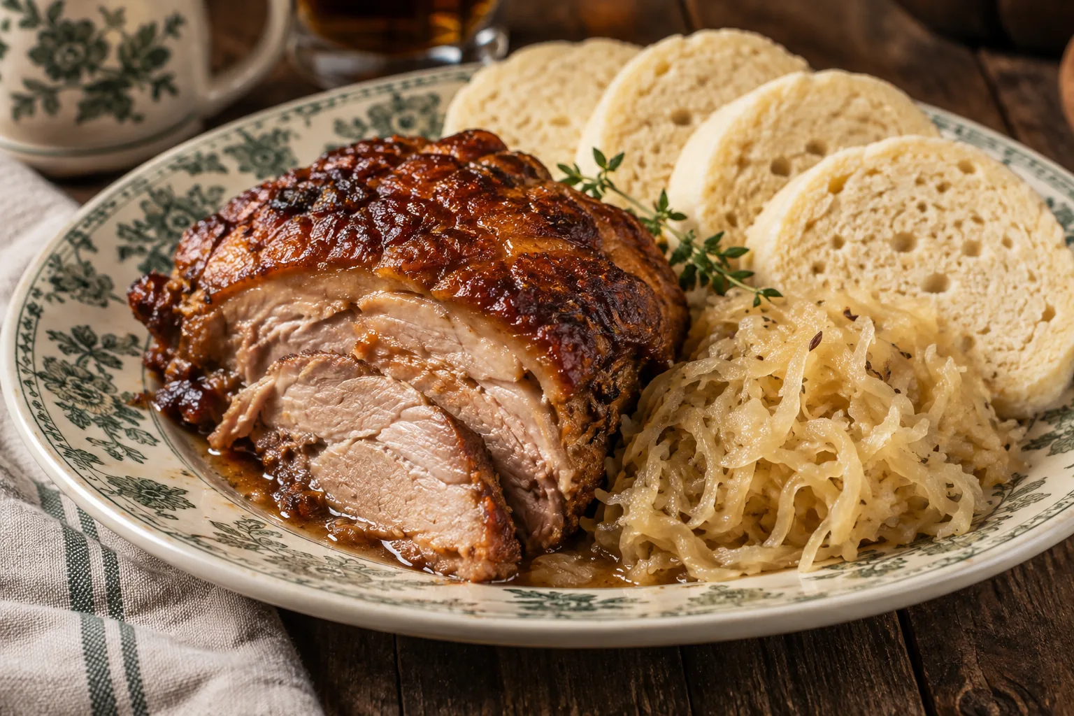 AI-generated illustration of roast pork, sauerkraut and bread dumplings.