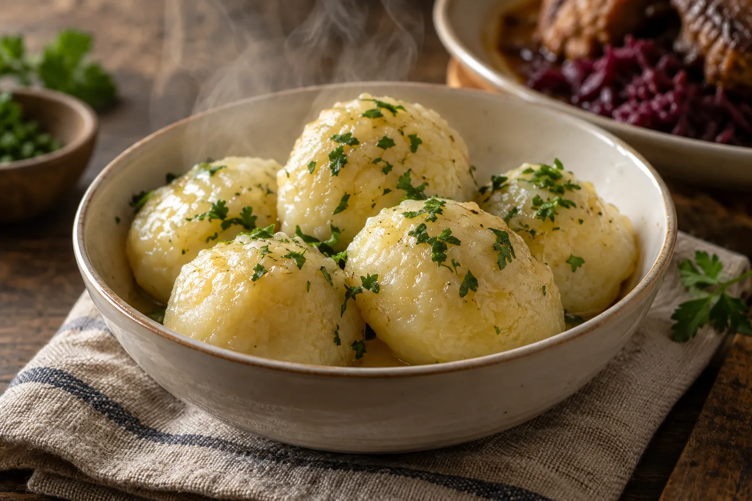 AI-generated illustration of potato dumplings with butter and parsley.