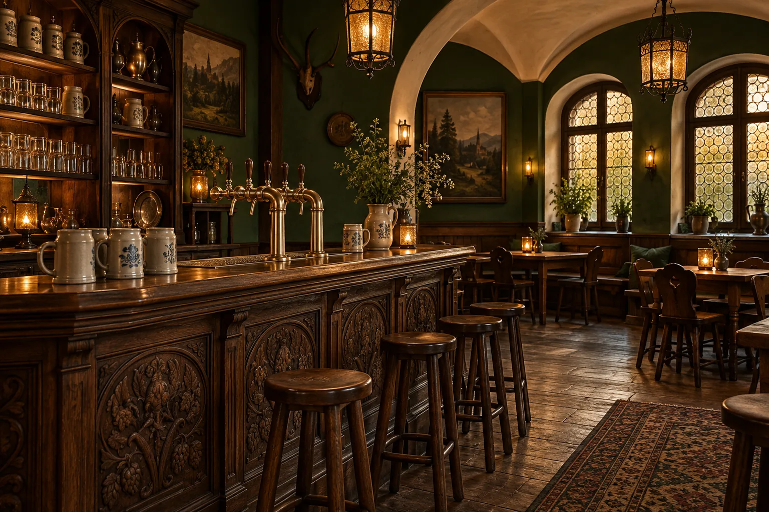AI-generated interpretation of a carved oak bar with brass taps and ceramic steins.