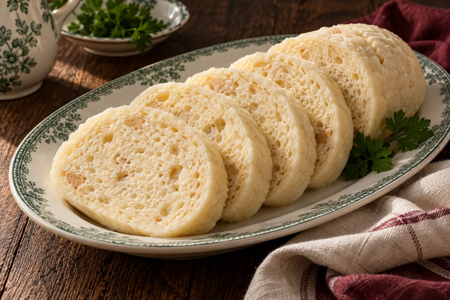Sliced bread dumplings on a green-rimmed plate.
