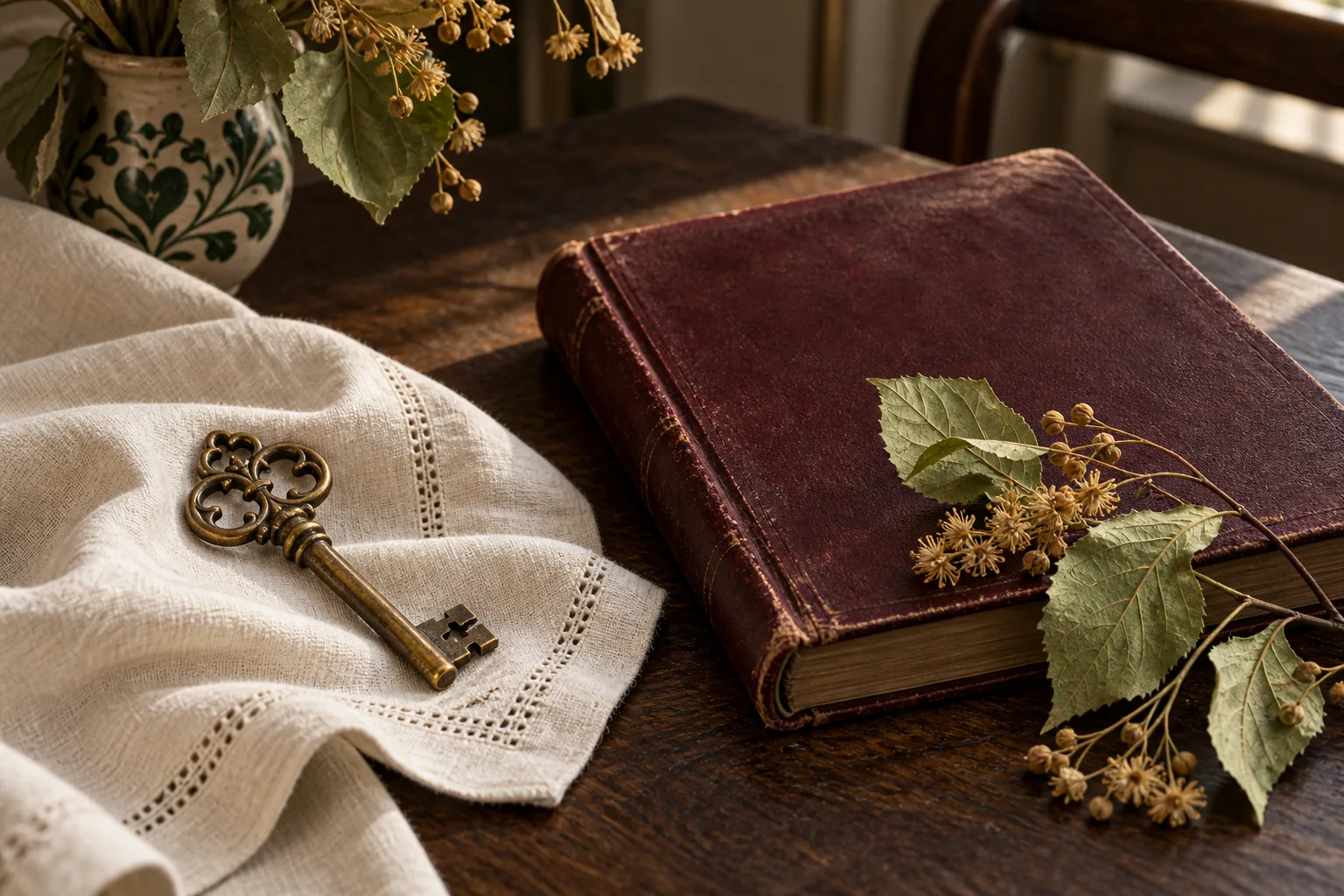An album and key on an oak table.
