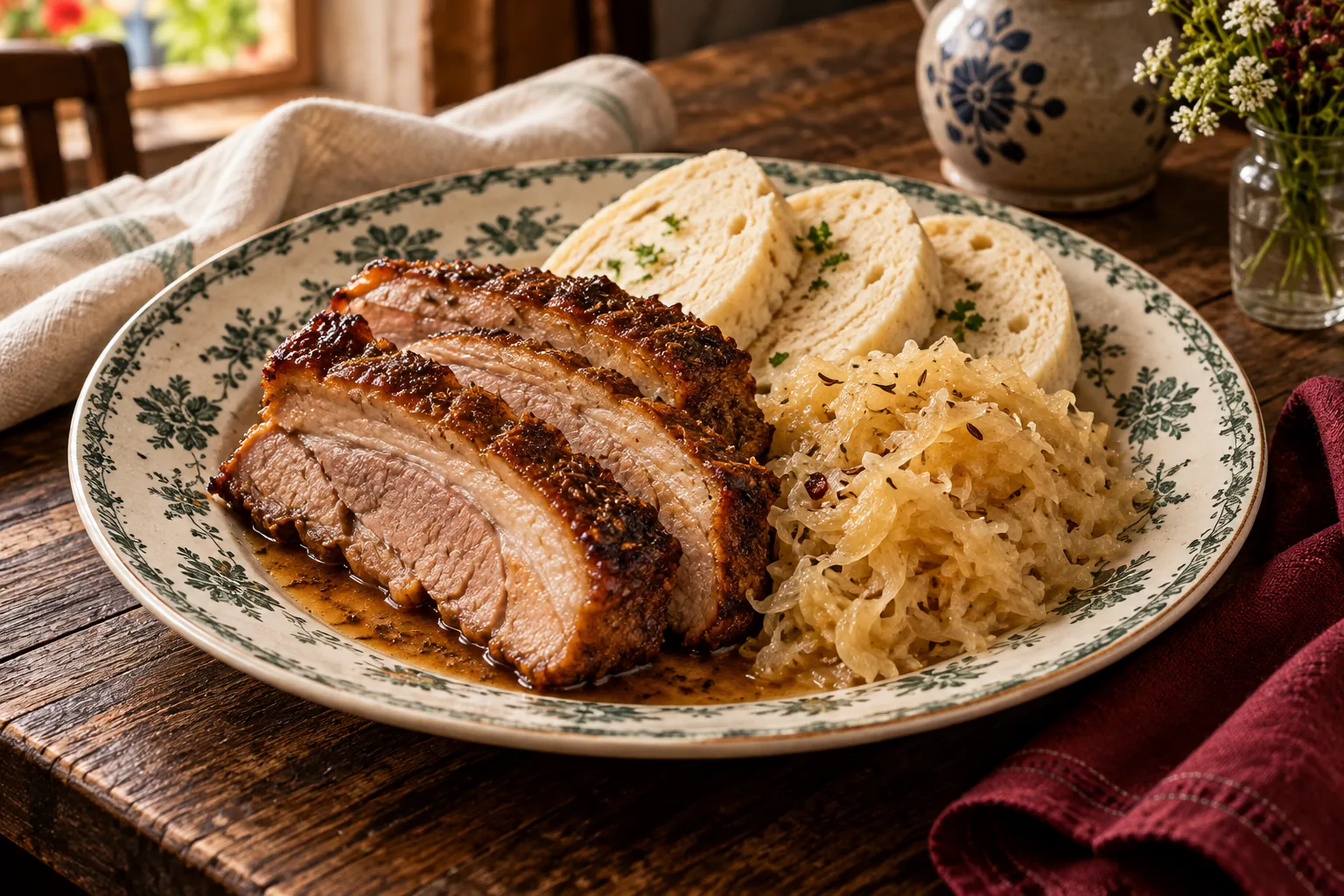 Roast pork, sauerkraut and bread dumplings on a green-rimmed plate.
