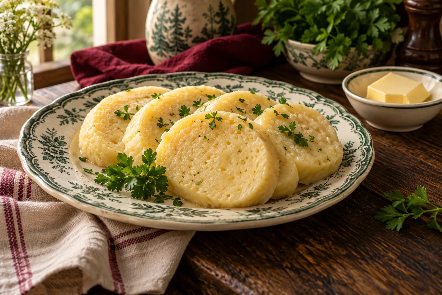 Potato dumplings on a ceramic plate.