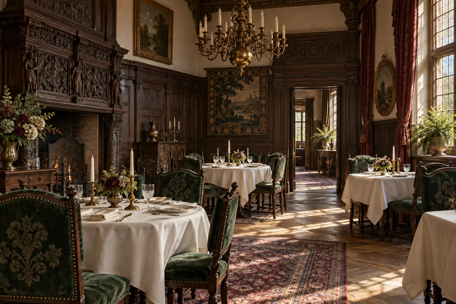 An imagined Bohemian dining room with oak panelling and a chandelier.